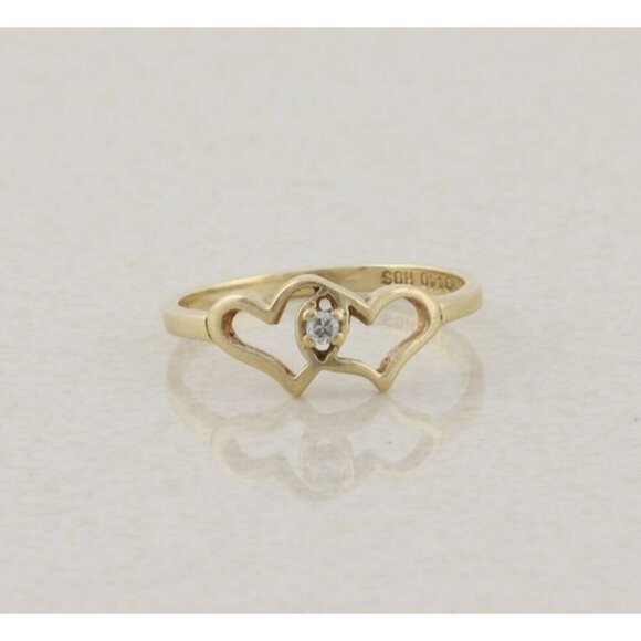 10k Yellow Gold Diamond Two Heart Ring Dainty Woman Teen Girl Size 5 1/4 - Picture 1 of 7